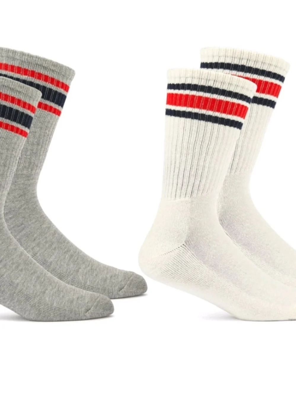 Fruit of the Loom Men’s Cream Crew Socks with Red & Navy Stripes - 2 Pair